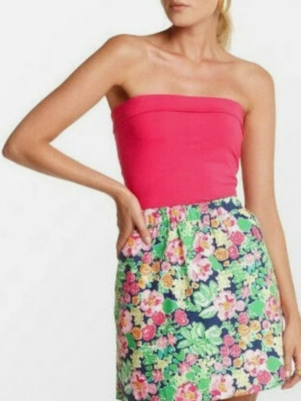 Lilly Pulitzer Esmeralda Dress M Strapless Pink Bandeau Top/Floral Poplin Skirt